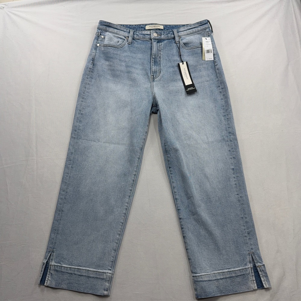 Liverpool Jeans Kennedy Crop Straight Side Slit Breakwater Blue Women 12/31 NWT